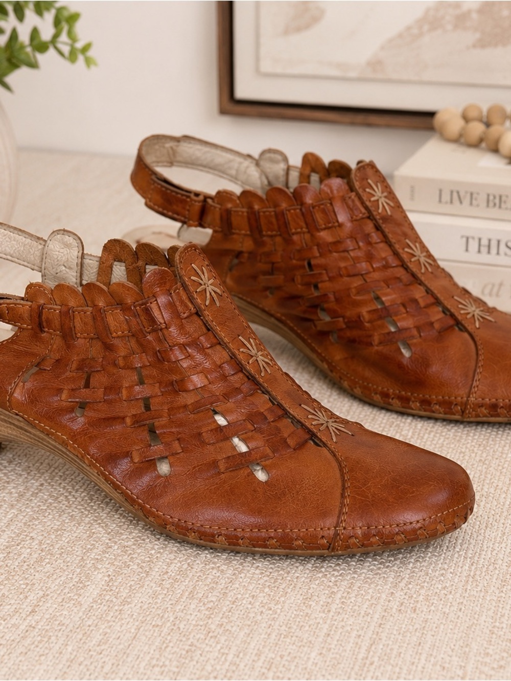 Pikolinos Romana Leather Slingback Heels Woven Boho Brandy Clog Size 40 US 9.5